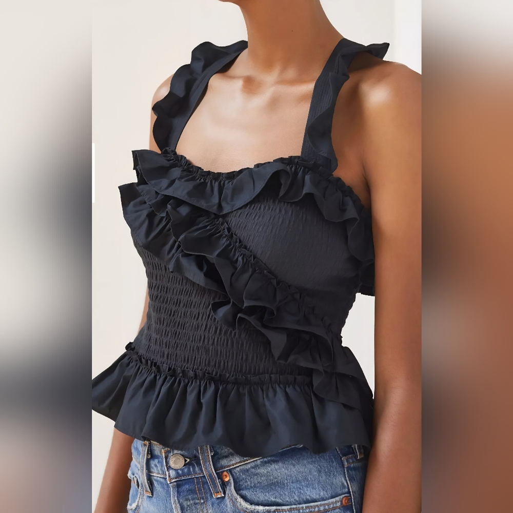 Maeve by Anthropologie Black Smocked Ruffled Tank Women's Size XS